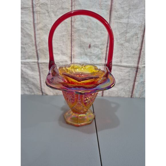 Indiana Carnival Glass Basket Red Amberina Footed Vintage 10” Iridescent & Bell
